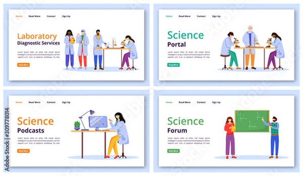 Fototapeta Science services landing page vector template set. Modern learning technology website interface idea with flat illustrations. Forums and portals homepage layout, web banner, webpage cartoon concept