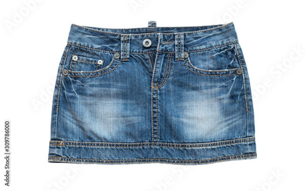 Obraz Old blue jeans skirt with metal button and zip ,denim jeans texture isolated on white  background, design for vintage style fashion advertisement or garment factory business (with clipping path)