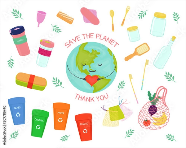 Obraz Zero waste. Vector set about environmental protection.