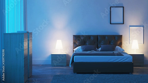 Fototapeta Modern bedroom interior. Night. Evening lighting. 3D rendering.