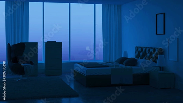 Fototapeta Modern bedroom interior. Night. Evening lighting. 3D rendering.
