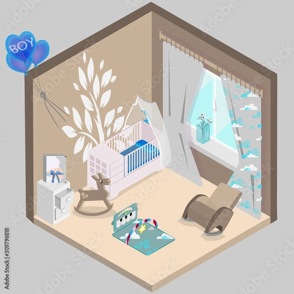 Obraz Baby room design for boy, newborn, vector image in isometry.