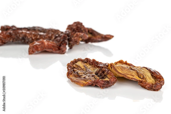 Fototapeta Lot of whole dried red tomato piece two in focus isolated on white background