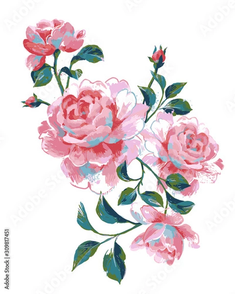 Obraz Acrylic floral painting. Bouquet of summer large roses isolated on white. Hand drawn beautiful botanical artwork for poster, card, banner or print.