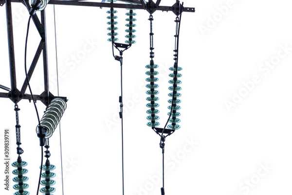 Fototapeta Overhead power line plates and pylon isolated on white background