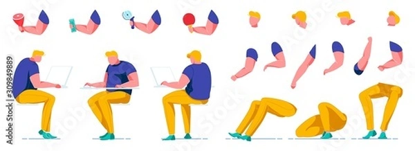 Obraz Fat Man Constructor Workes at Table with Comouter.