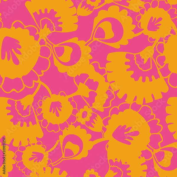 Obraz Vector psychedelic folk seamless pattern with colorful ethnic flowers and leaves, orange and pink background