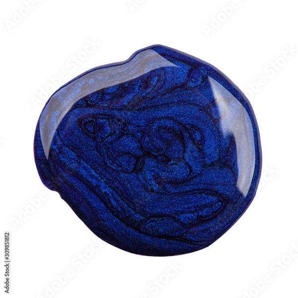 Fototapeta Big smooth blue shimmer drop of nail polish. Clipping path, isolated.