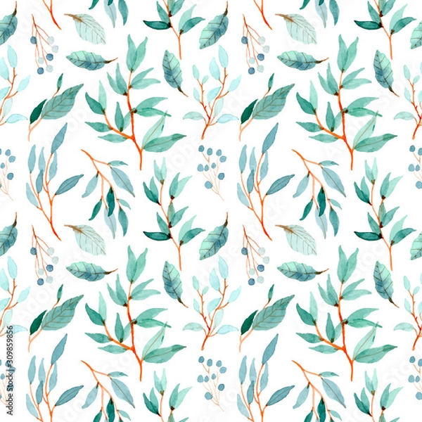 Fototapeta green leaves watercolor pattern
