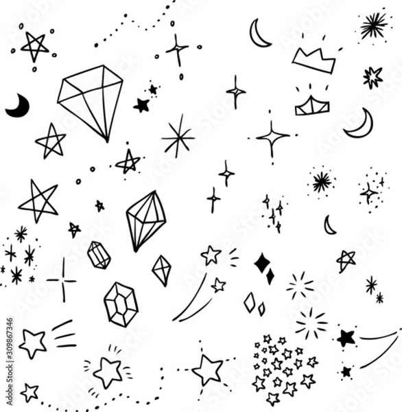 Obraz ガーリーなイラスト素材　ダイヤモンドや王冠の線画　フレーム