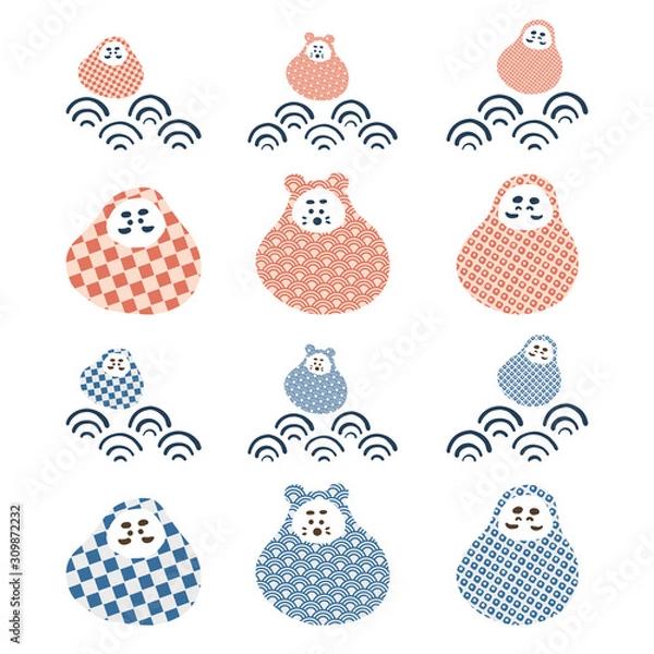 Obraz 和柄パターンの手描きダルマセット　ベクターイラスト素材　可愛い　正月　縁起物