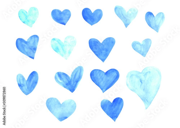 Fototapeta Set of blue watercolor hearts. Perfect for creating romantic postcards and Valentines Day decor. Hand drawn. Isolated on white background