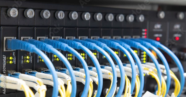 Obraz Information technology,ethernet cable on network switches.