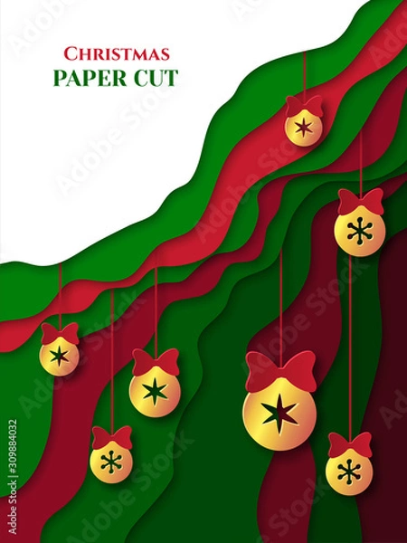 Fototapeta Abstract poster, background in paper cut style. Green and red stripes. Hanging Christmas balls. Place for text.