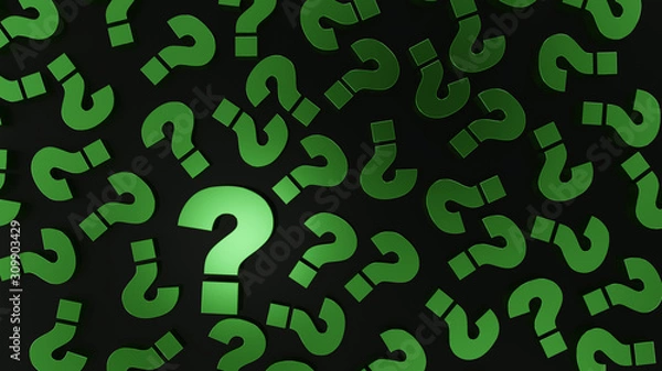 Fototapeta Green question mark on black reflective background marks. 3d illustration design