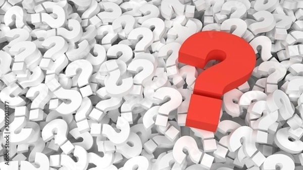 Fototapeta Red question mark on a background of white question marks. 3d illustration design abstract