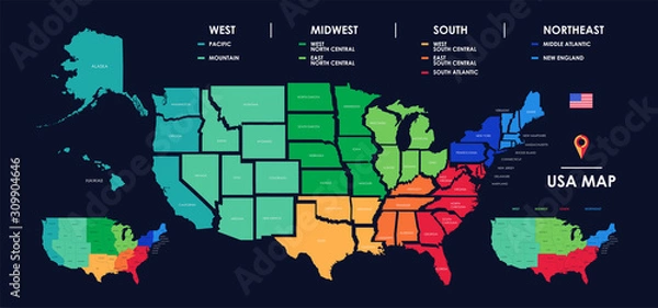 Obraz Szczegółowa mapa regionów USA, pojedyncze państwa z nazwami, kolorowe infografiki Stanów Zjednoczonych Ameryki, ilustracji wektorowych
