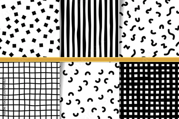 Fototapeta Set of abstract hand drawn monocolor seamless patterns
