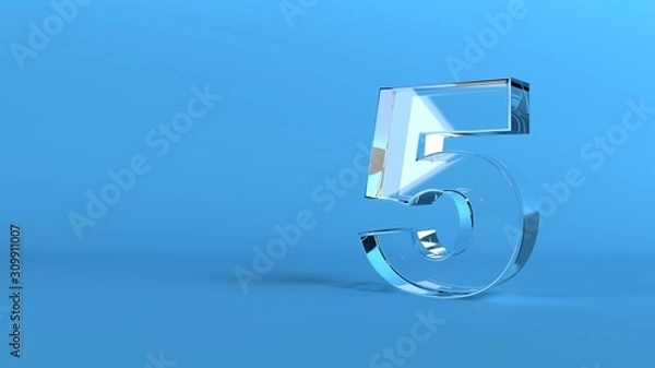 Fototapeta The number 5 in shiny glass on blue background 3d render