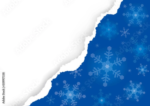Fototapeta  Christmas ripped paper, blue background with snowflakes. Illustration of blue torn paper background with place for your text or image. Vector available.