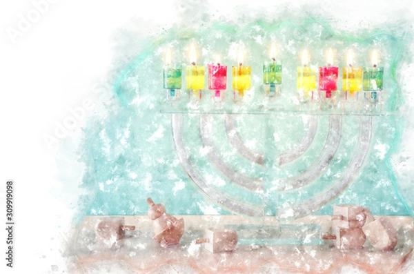 Fototapeta watercolor style and abstract image of jewish holiday Hanukkah with menorah (traditional candelabra)