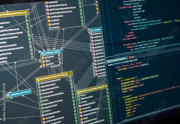Obraz Back-end project architecture development. Database diagram, markup. Integrated Development Environment
