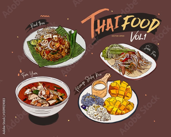 Fototapeta Thai food collection, hand draw sketch vector.