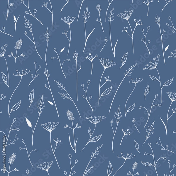 Obraz Vector Hand Drawn Meadow Florals on Blue seamless pattern background.