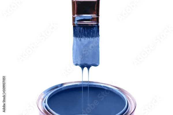 Fototapeta close up of paint container and brush on white background with clipping path. Classic blue color of year 2020.