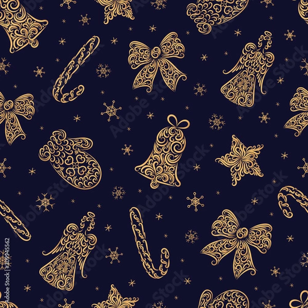 Fototapeta Christmas symbols from ornament element vector seamless pattern. Stylized bell, angel, star, mitten, caramel cane, bow, snowflake seamless texture.