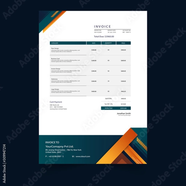 Fototapeta Invoice minimal design template. Bill form business invoice accounting.