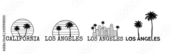 Fototapeta Los Angeles symbol set. Line drawing with palm tree silhouette. Cityline. Vector sketch illustration