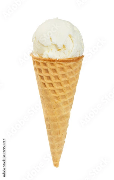 Fototapeta Vanilla ice cream in waffle cone isolated on white