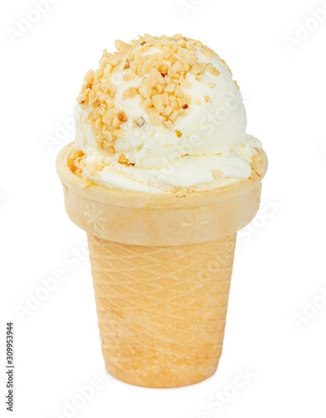 Fototapeta Vanilla ice cream with nuts in waffle cup