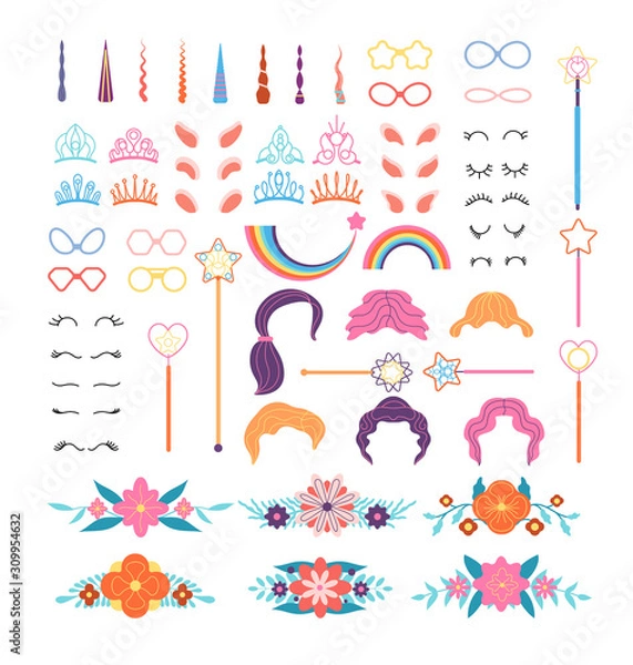 Fototapeta Unicorn constructor. Stylish pony details. Horns, mane and eyelashes, ears and crowns, glasses. Flowers and magic wand cartoon vector set. Magic horn pony mane, flower and unicorn illustration