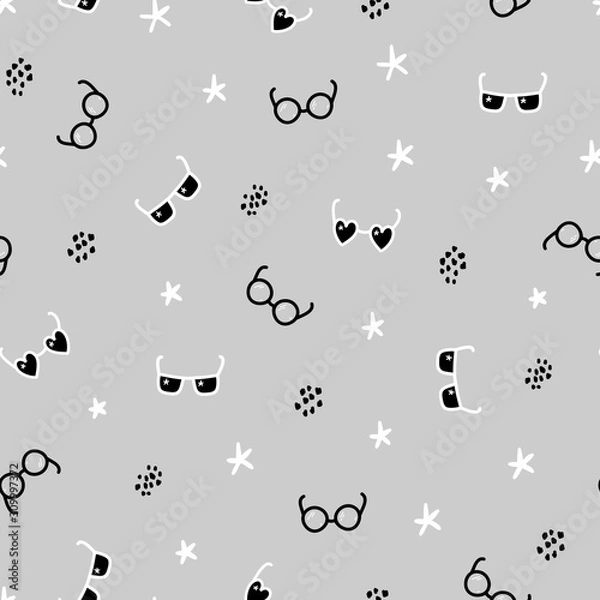 Fototapeta Abstract Fashion Background. Vector Seamless Childish Pattern with Doodle Sunglasses and Eyeglasses, Stars and Dots