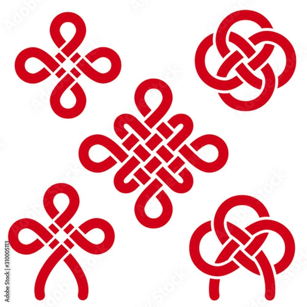 Fototapeta Chinese red knots - flower, pan chang, happy, double coin. Traditional asian auspicious symbols. Vector set of 5.