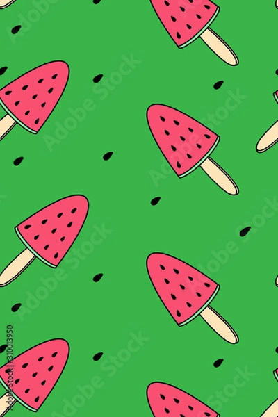 Fototapeta Watermelons Ice Cream Green background. Seamless pattern illustration, summer red water melon. Raster abstract icon for design natural products, food shop, supermarket, ecology concepts print, health