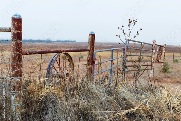 Obraz Rustic fence with wagon wheel in Texas farmland