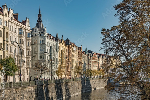 Fototapeta Buildings in Old Town Square in Prague city. Colorful side-by-side buildings