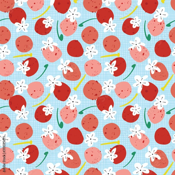 Fototapeta Abstract fruit pattern of cherries and cherry blossoms. Vector seamless background design. Modern Japanese Sakura season print.