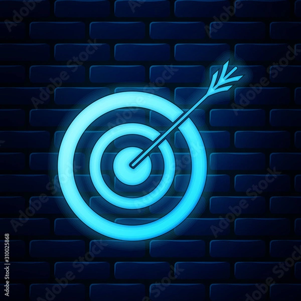 Obraz Glowing neon Target with arrow icon isolated on brick wall background. Dart board sign. Archery board icon. Dartboard sign. Business goal concept. Vector Illustration