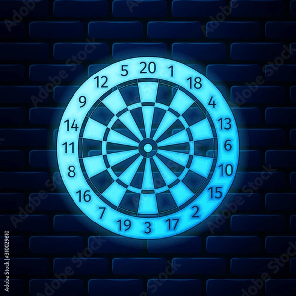 Obraz Glowing neon Classic darts board with twenty black and white sectors icon isolated on brick wall background. Dart board sign. Dartboard sign. Game concept. Vector Illustration