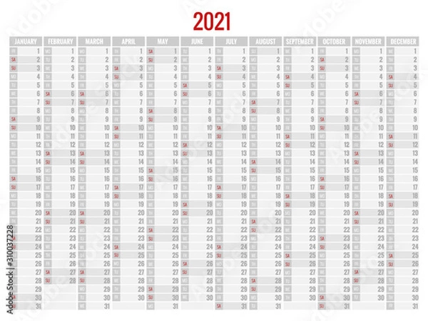 Fototapeta 2021 Calendar, Business planner. Print Template with Place for Photo, Your Logo and Text. Week Starts Sunday. Portrait Orientation. Set of 12 Months. Planner for 2021 Year.
