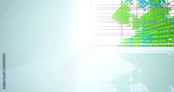 Fototapeta Abstract white interior from array colored spheres with window. 3D illustration and rendering.