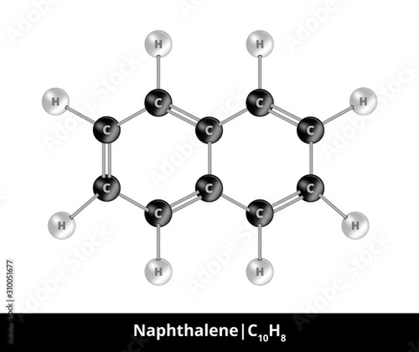 Fototapeta Vector ball-and-stick model of chemical substance. Icon of naphthalene molecule C10H8 consisting of carbon and hydrogen. Structural polycyclic formula suitable for education isolated on white.