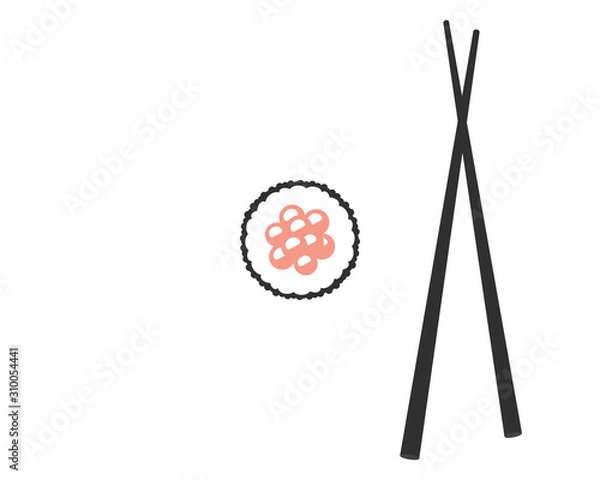 Fototapeta Chopsticks with sushi roll. Sushi piece with chopsticks vector web icon isolated on white background, EPS 10, top view
