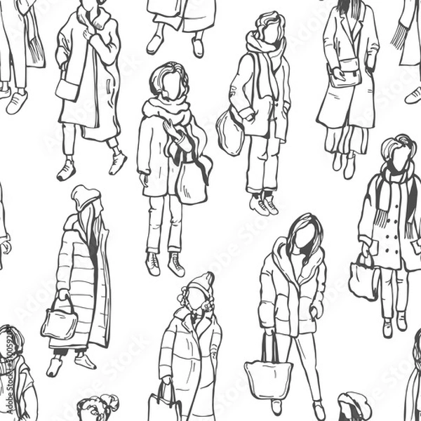 Fototapeta Winter women's fashion. Hand drawn girls on white background. Vector  seamless  pattern