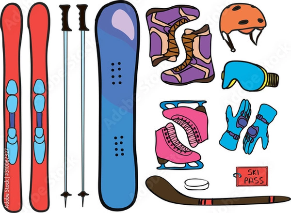 Fototapeta Winter sport icons set. Elements pack with ski, poles, snowboard, boots, helmet, glasses, ice skates, gloves, ski pass, hockey stick and puck. Colorful objects isolated on white background.