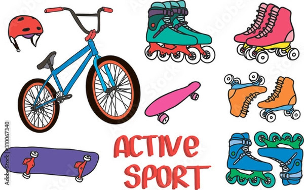 Fototapeta Summer sport icons set. Elements pack with bmx bicycle, helmet, skateboard, and rollers. Colorful objects isolated on white background.
